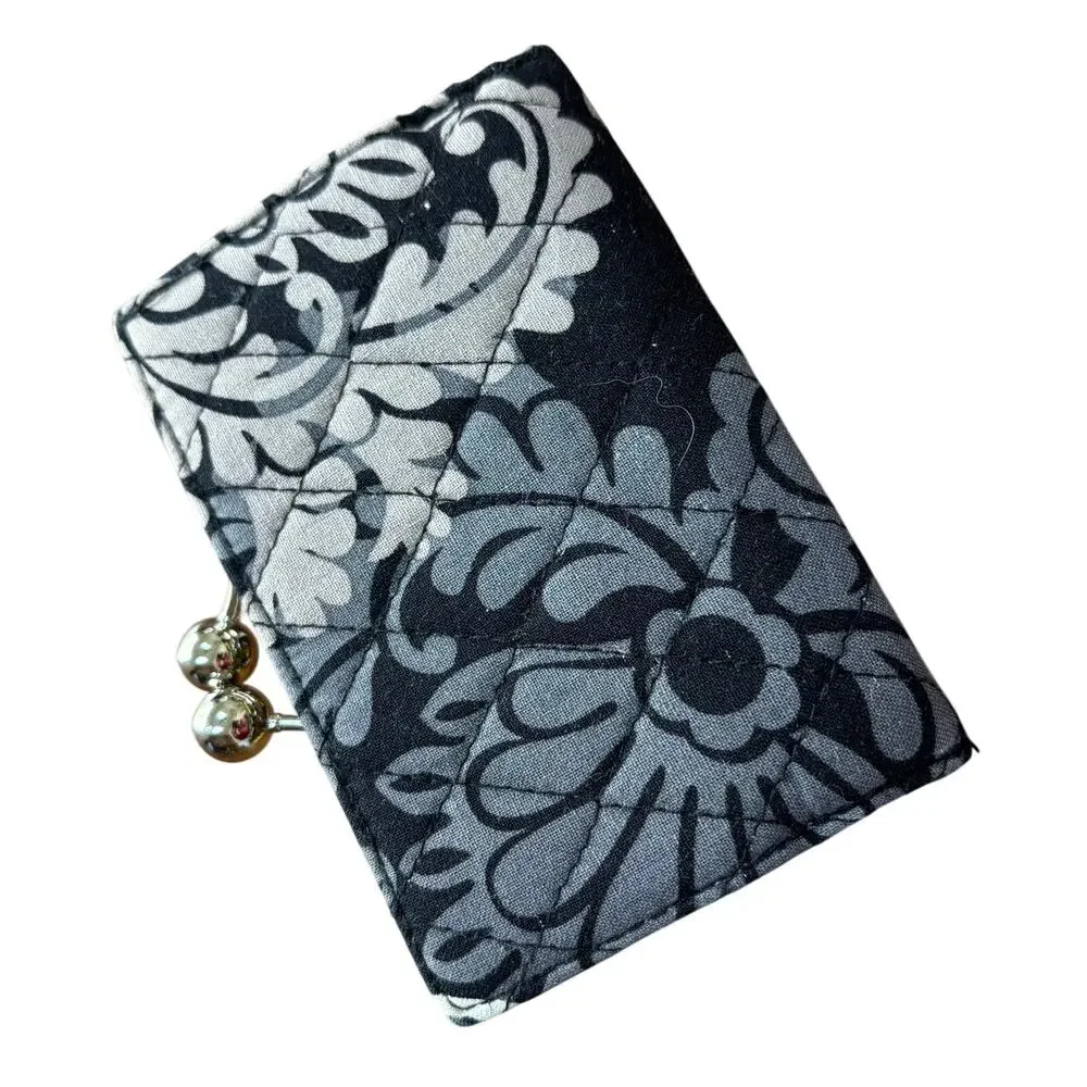 Vera Bradley quilted wallet black gray & yellow cotton kiss lock coin pocket - Picture 2 of 9